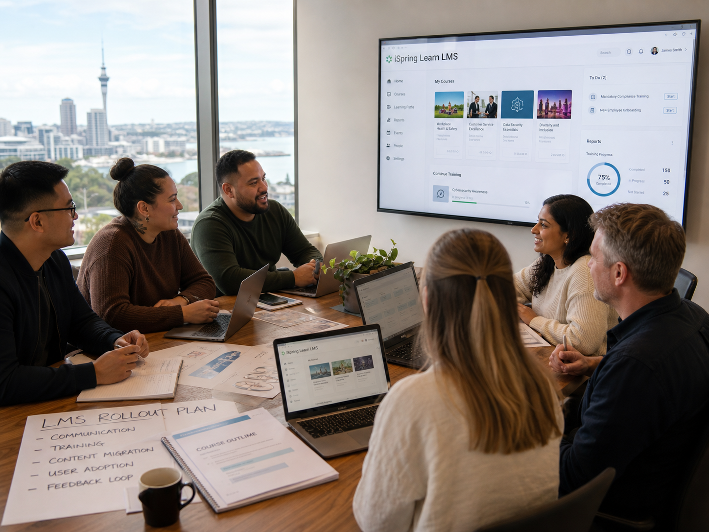New Zealand team planning an iSpring LMS rollout with the learning dashboard displayed on screen